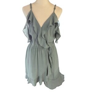 Roe + May Womens XS Mini Dress Sage Green Excellent Cold Shoulder Ruffle Wrap